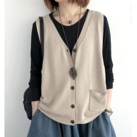 SAHINER 봄가을 여성 루즈핏 브이넥 버튼 니트 베스트